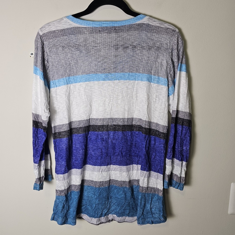 NWT David Cline L Crew Neck 3/4 Sleeve Blue Print Crushed Shirt Casual Coastal - Picture 2 of 9